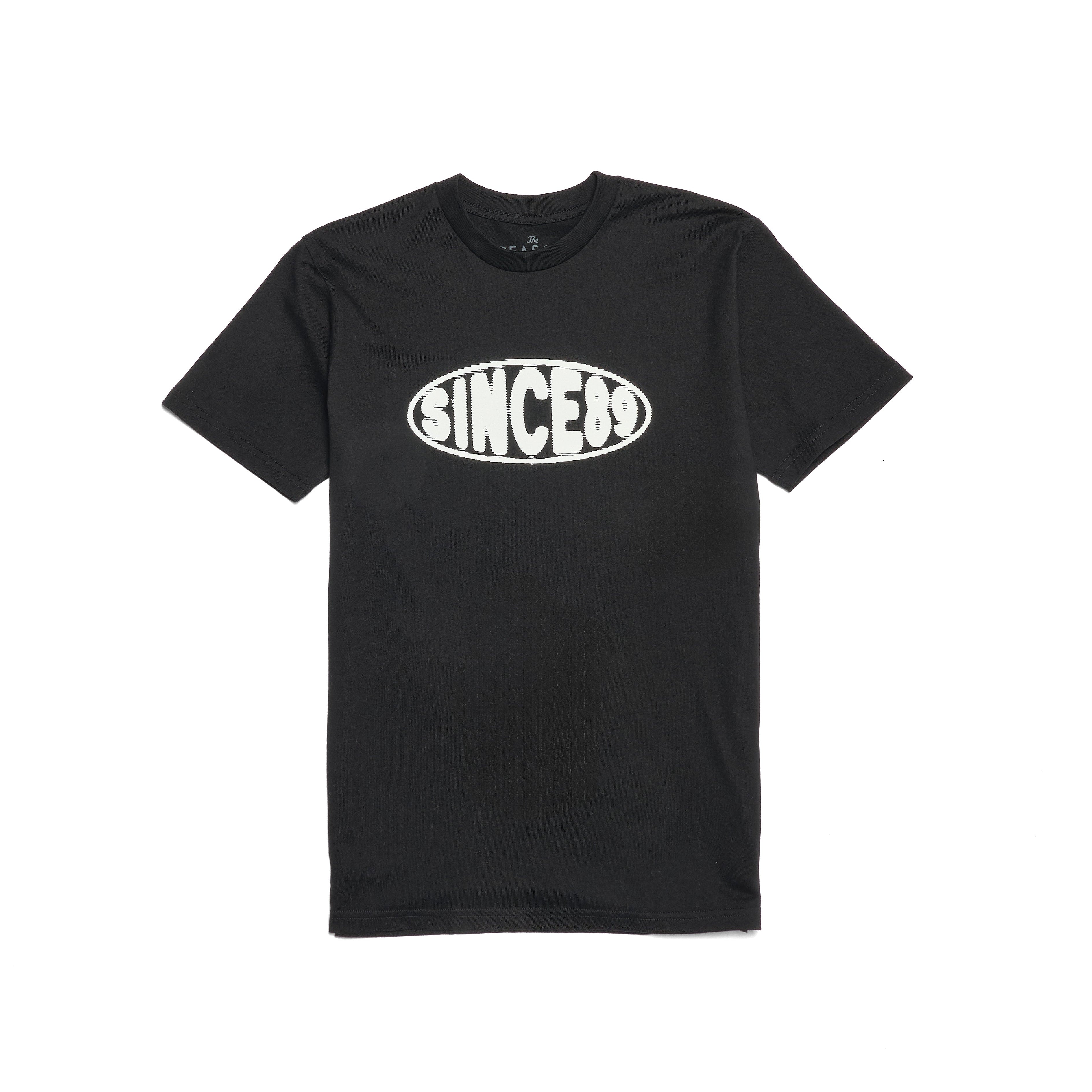 Black t-shirt with 'SINCE89' logo on a white background