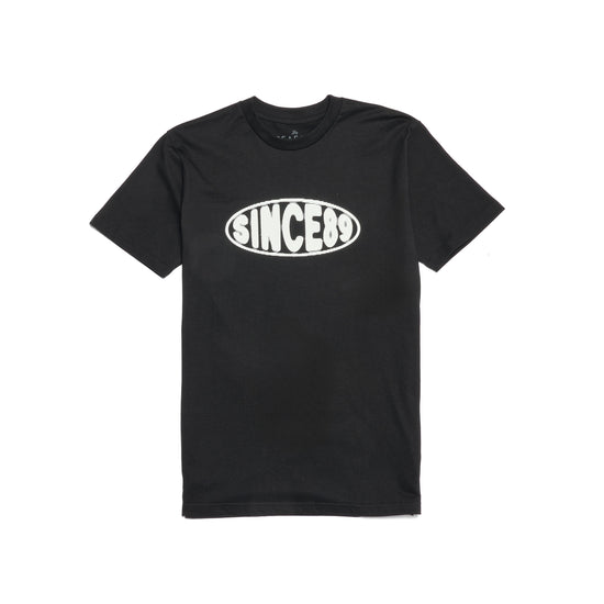 Black t-shirt with 'SINCE89' logo on a white background