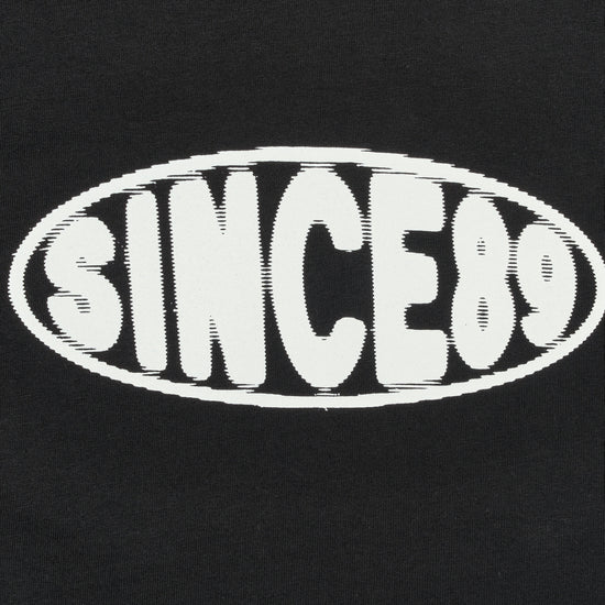 Black t-shirt with 'SINCE89' text in white on a plain background