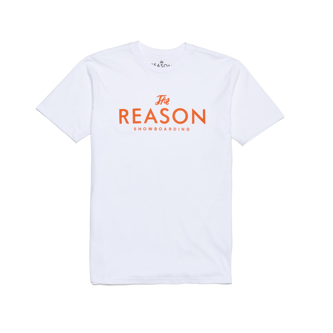 White t-shirt with 'The Reason Snowboarding' text on a white background