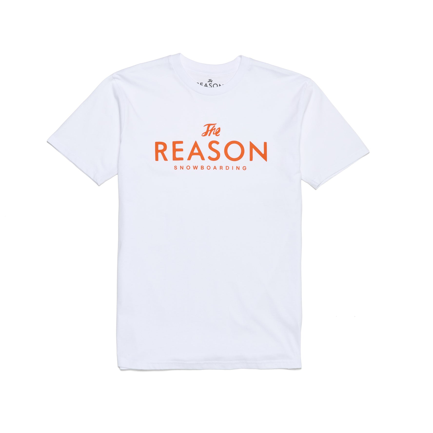 White t-shirt with 'The Reason Snowboarding' text on a white background