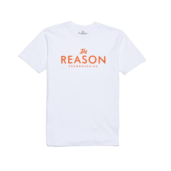 White t-shirt with 'The Reason Snowboarding' text on a white background