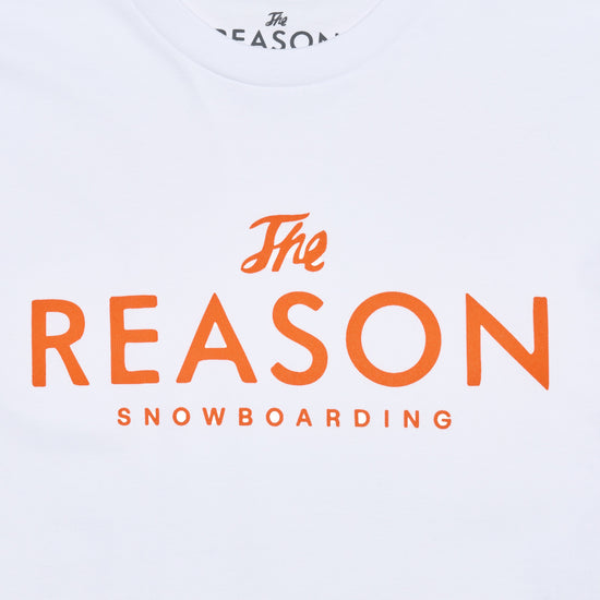 White t-shirt with 'The Reason Snowboarding' text in orange on a white background