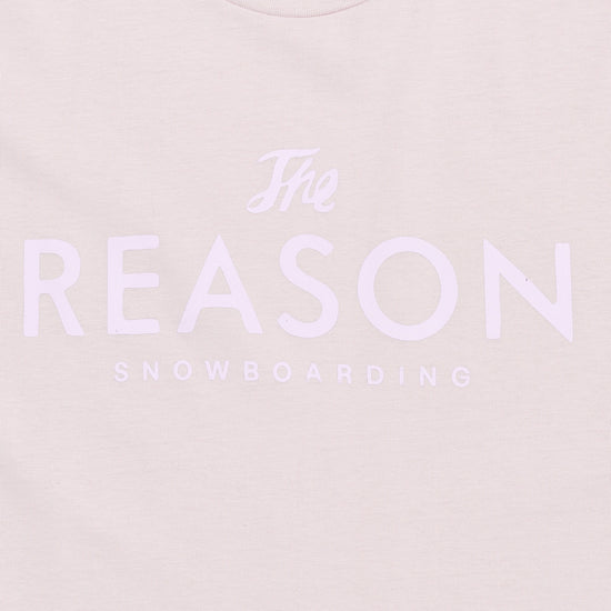 Light pinkt-shirt with 'The Reason Snowboarding' text on a light pink background