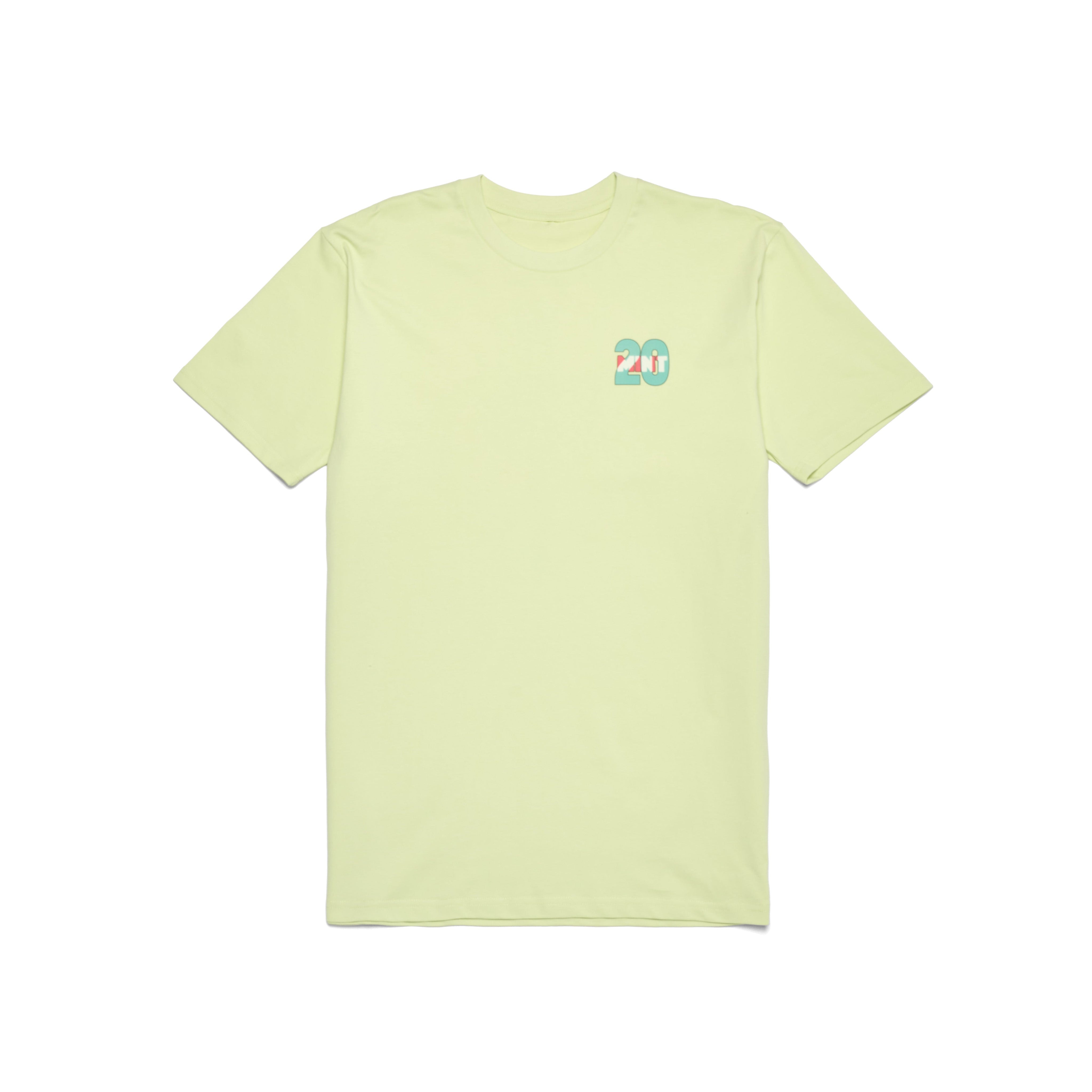 Light green t-shirt with a small logo on the chest against a white background