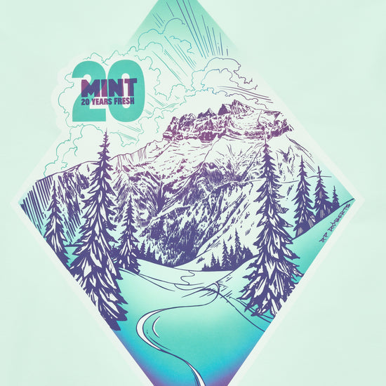 Diamond-shaped design with mountain landscape and '20 Mint' text on a light blue background