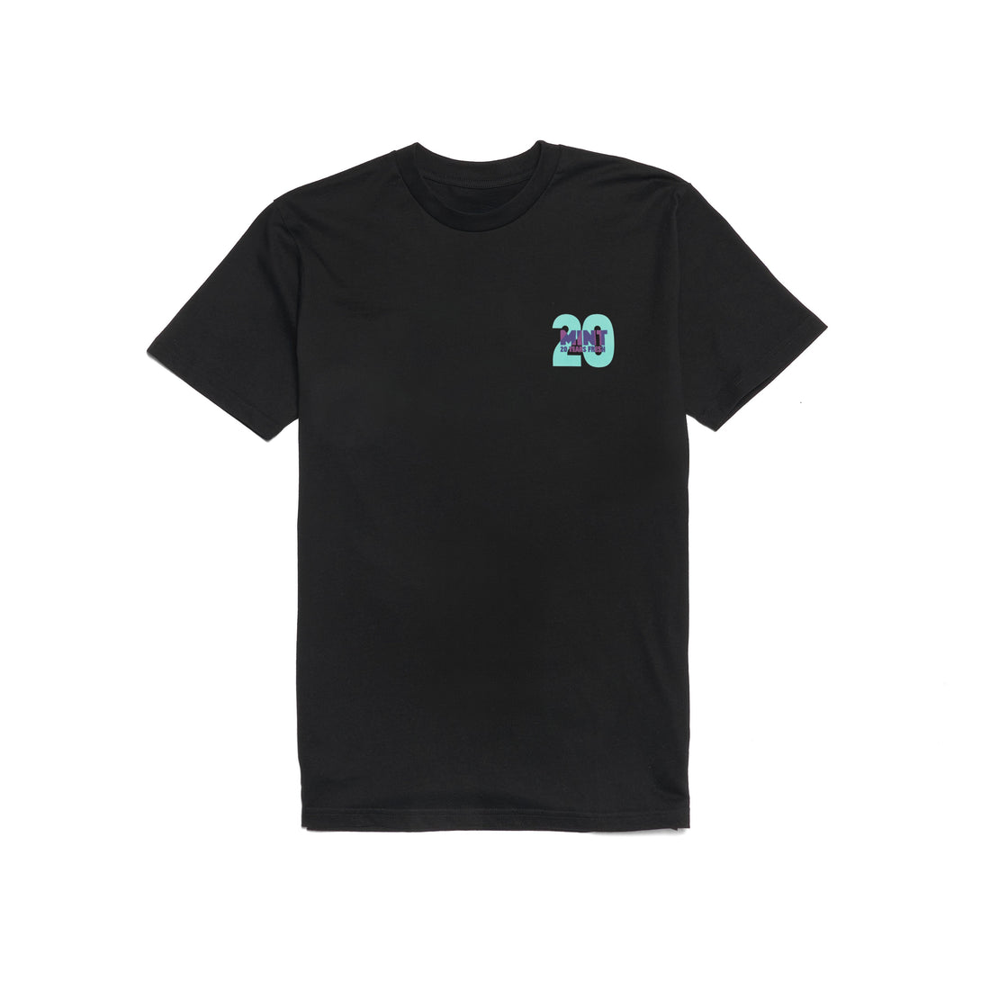 Black t-shirt with a small logo on the chest against a white background