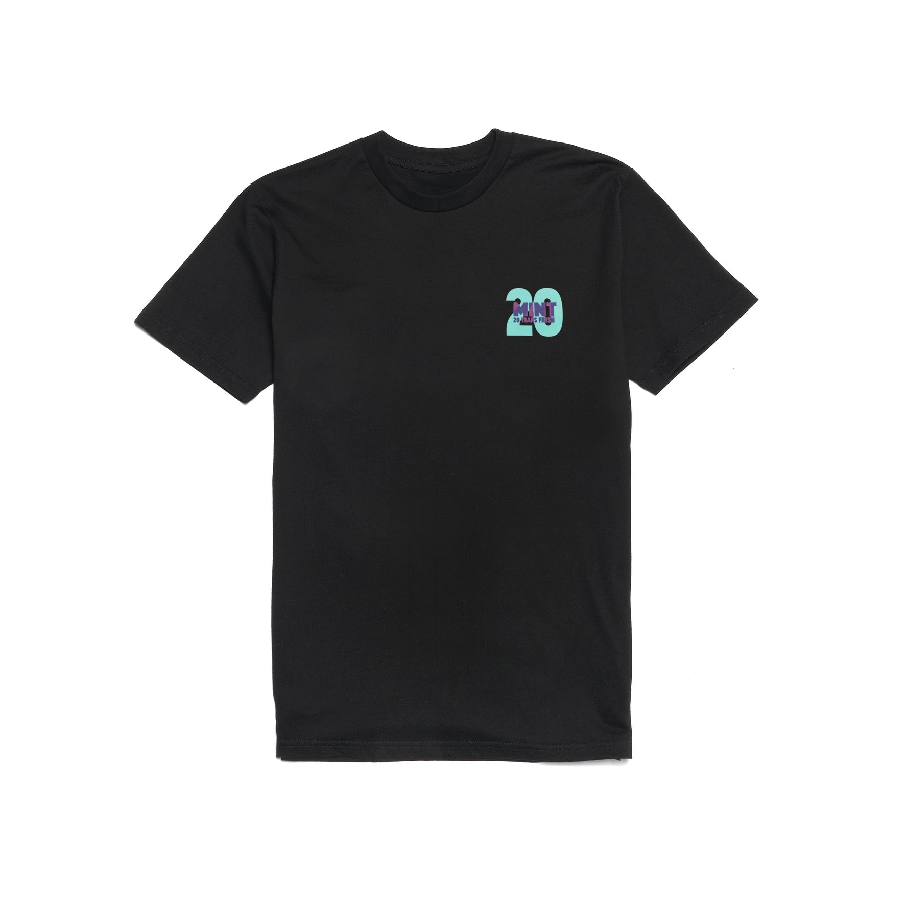 Black t-shirt with a small logo on the chest against a white background