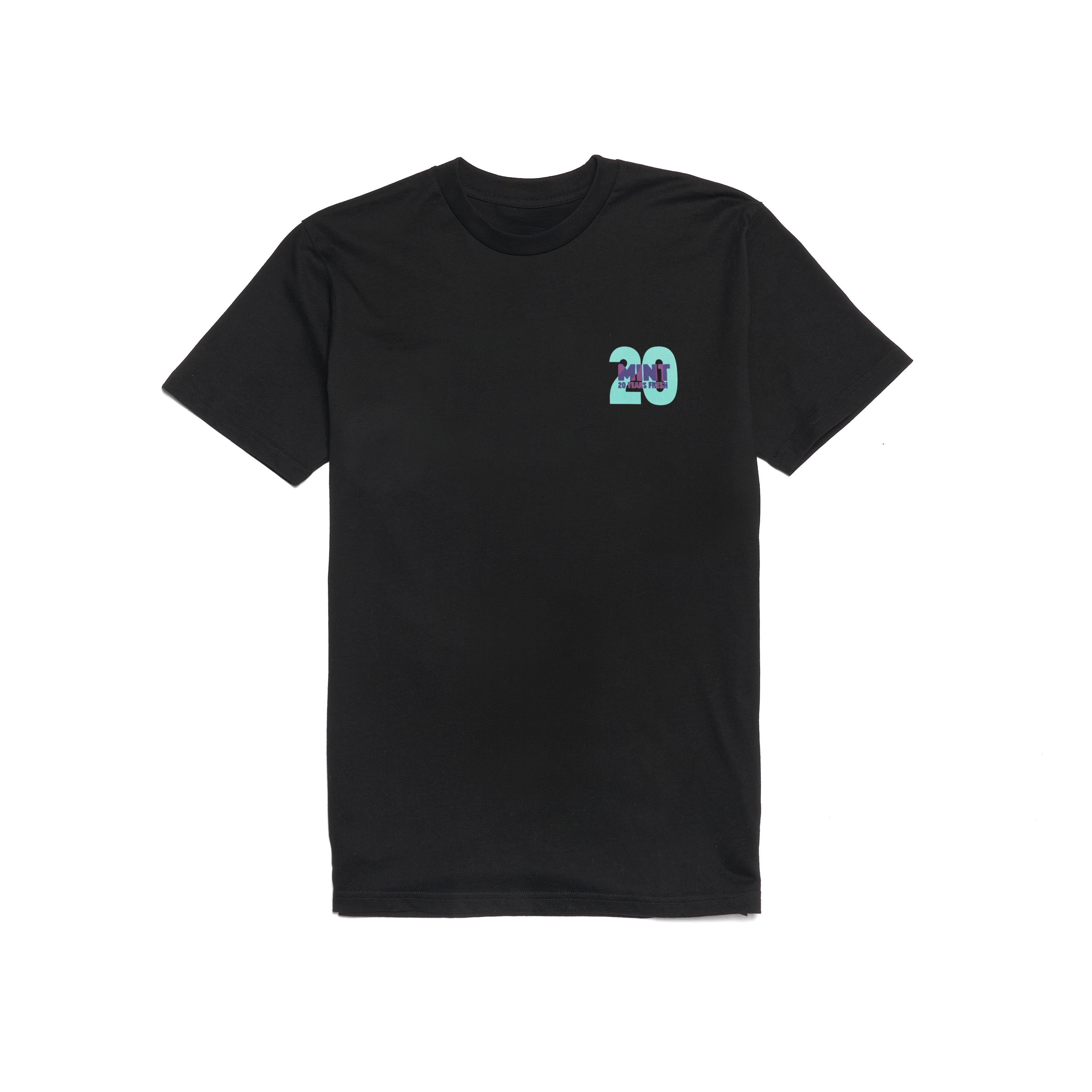 Black t-shirt with a small logo on the chest against a white background