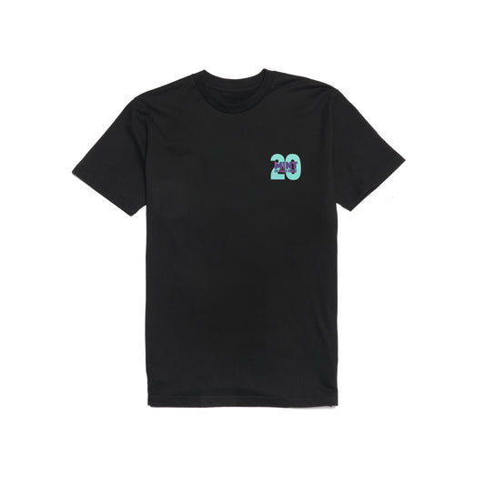 Black t-shirt with a small logo on the chest against a white background