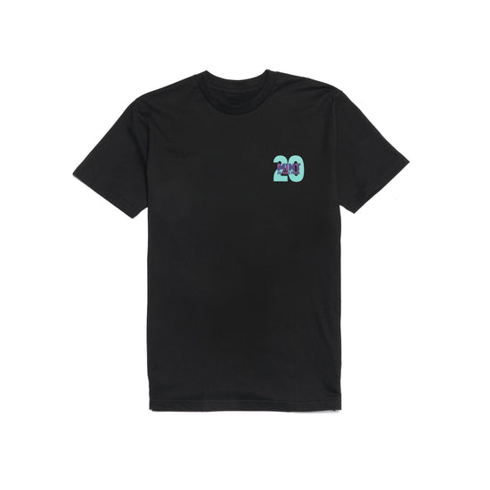 Black t-shirt with a small logo on the chest against a white background