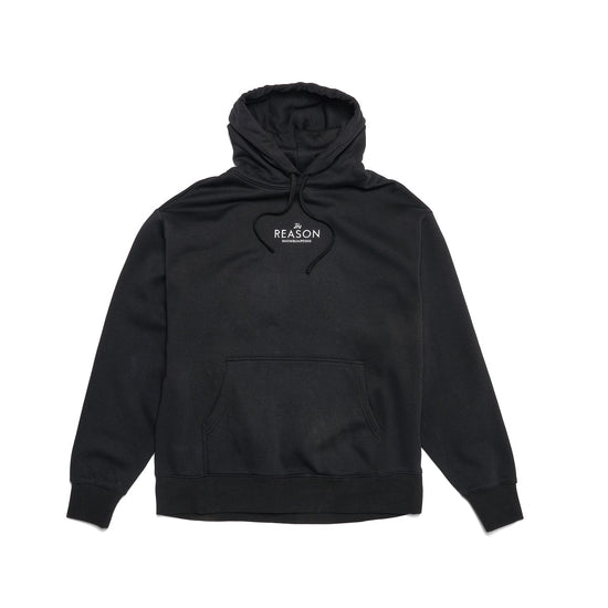 Black hoodie with a logo on a white background