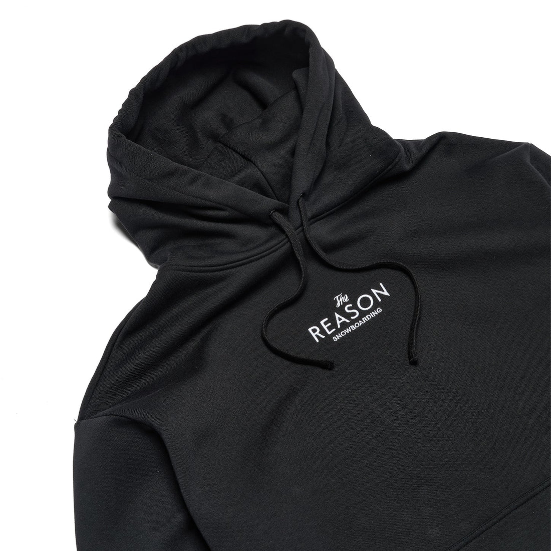 Black hoodie with a brand logo on a white background