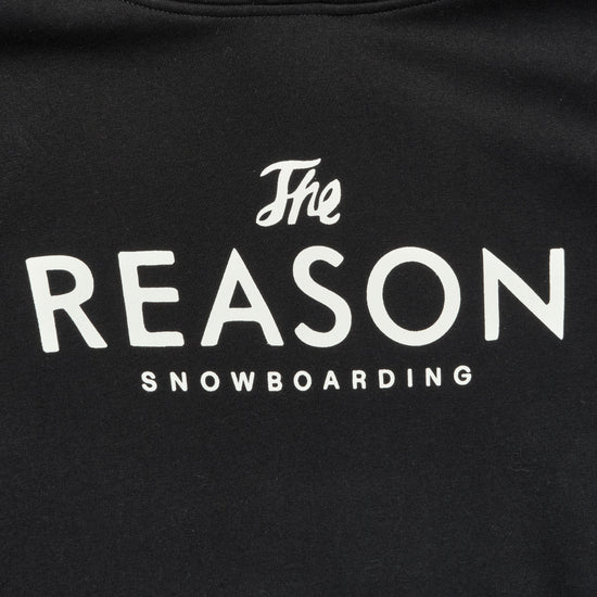 Black hoodie with 'The Reason Snowboarding' text on a white background