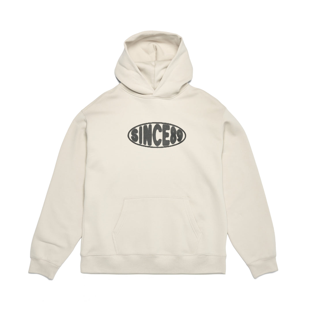 Beige hoodie with a logo on a white background