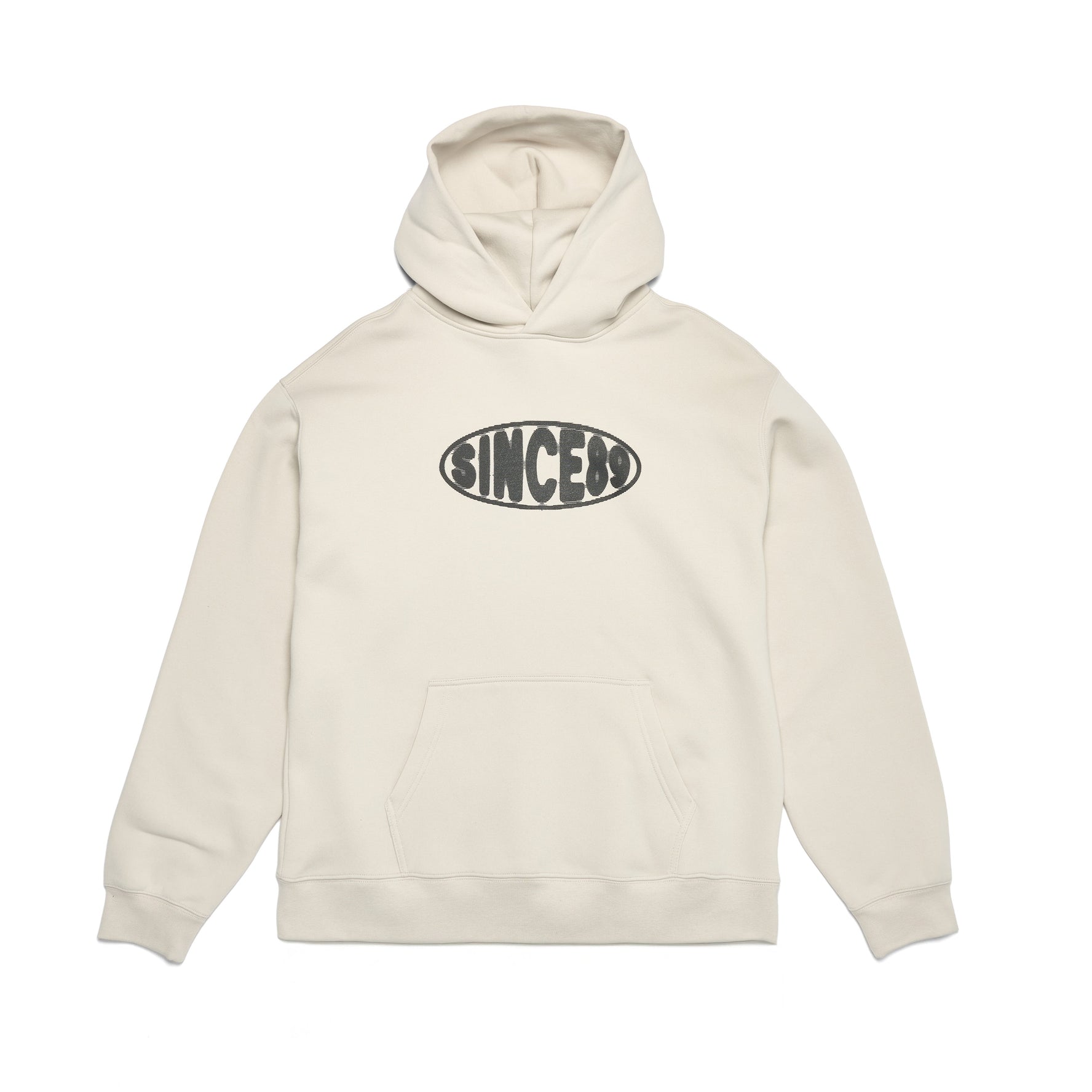 Beige hoodie with a logo on a white background