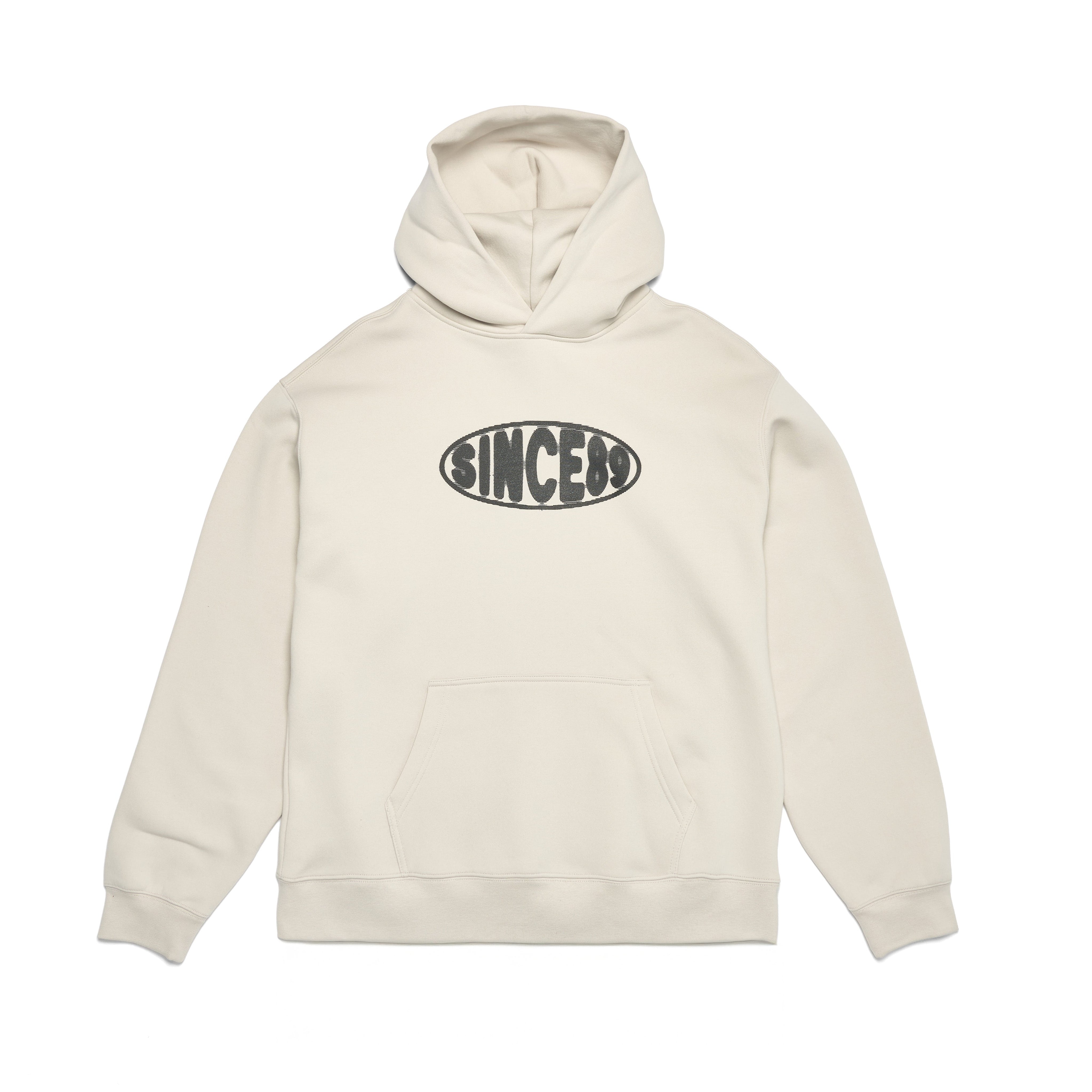 Beige hoodie with a logo on a white background