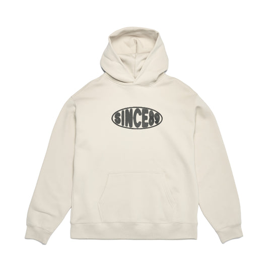 Beige hoodie with a logo on a white background
