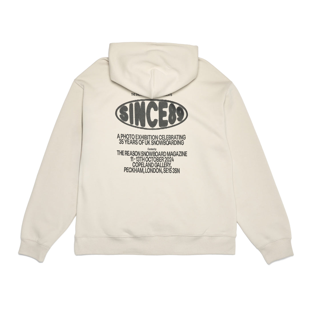 Beige hoodie with text on the back on a white background