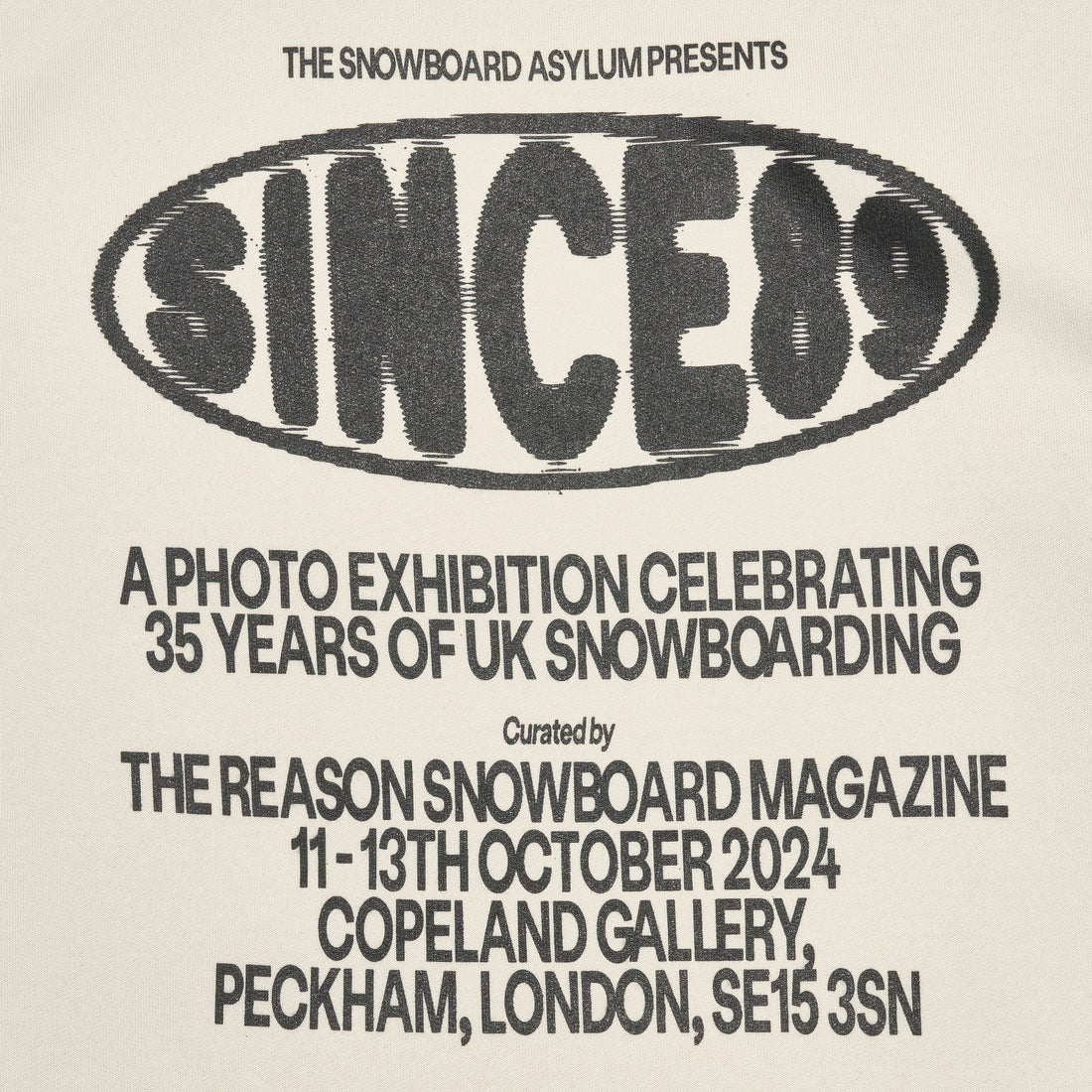 Advertisement for a photo exhibition celebrating 35 years of UK snowboarding, featuring the Snowboard Asylum logo.
