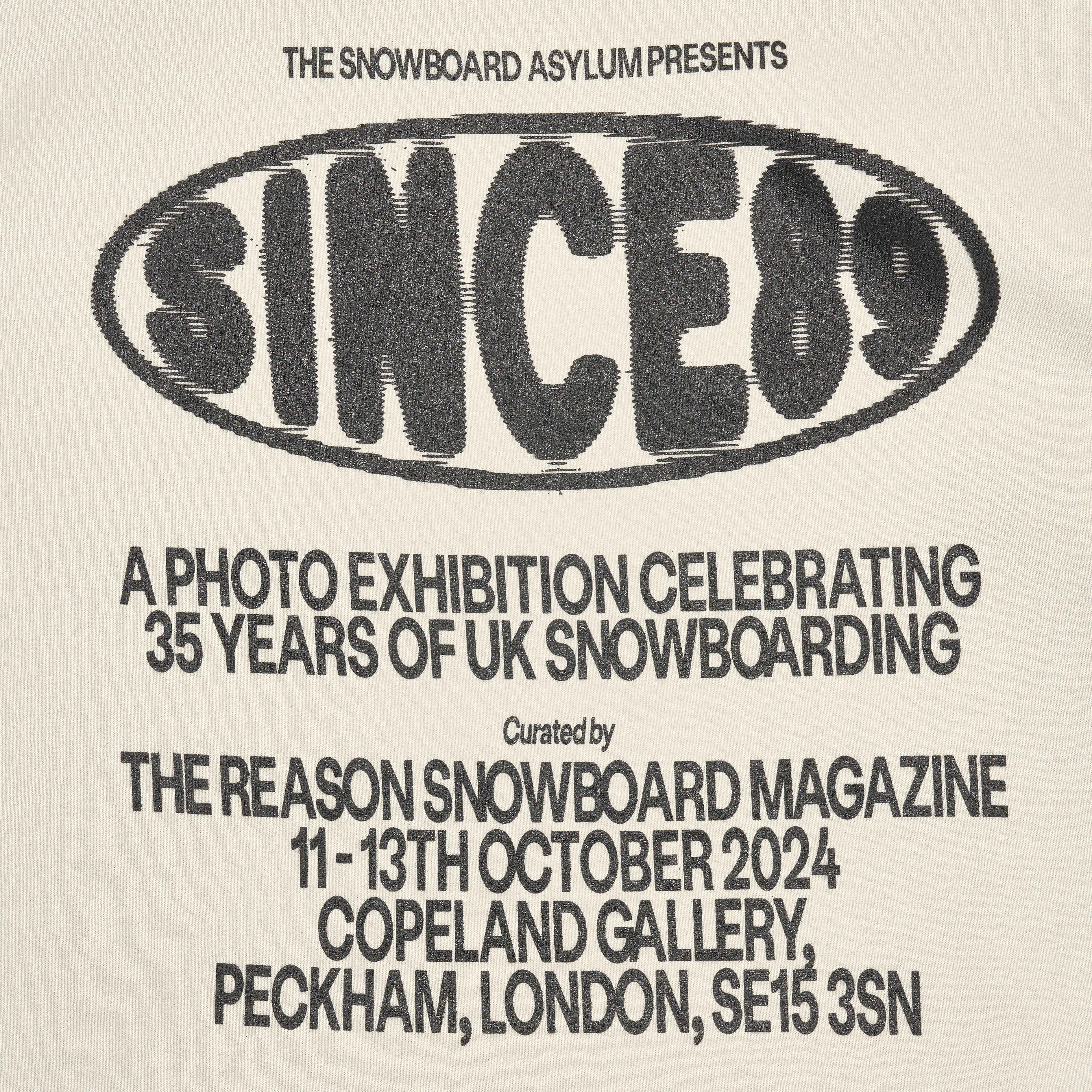 Advertisement for a photo exhibition celebrating 35 years of UK snowboarding, featuring the Snowboard Asylum logo.